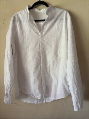 Women's White Button-Down Linen Blend Shirt